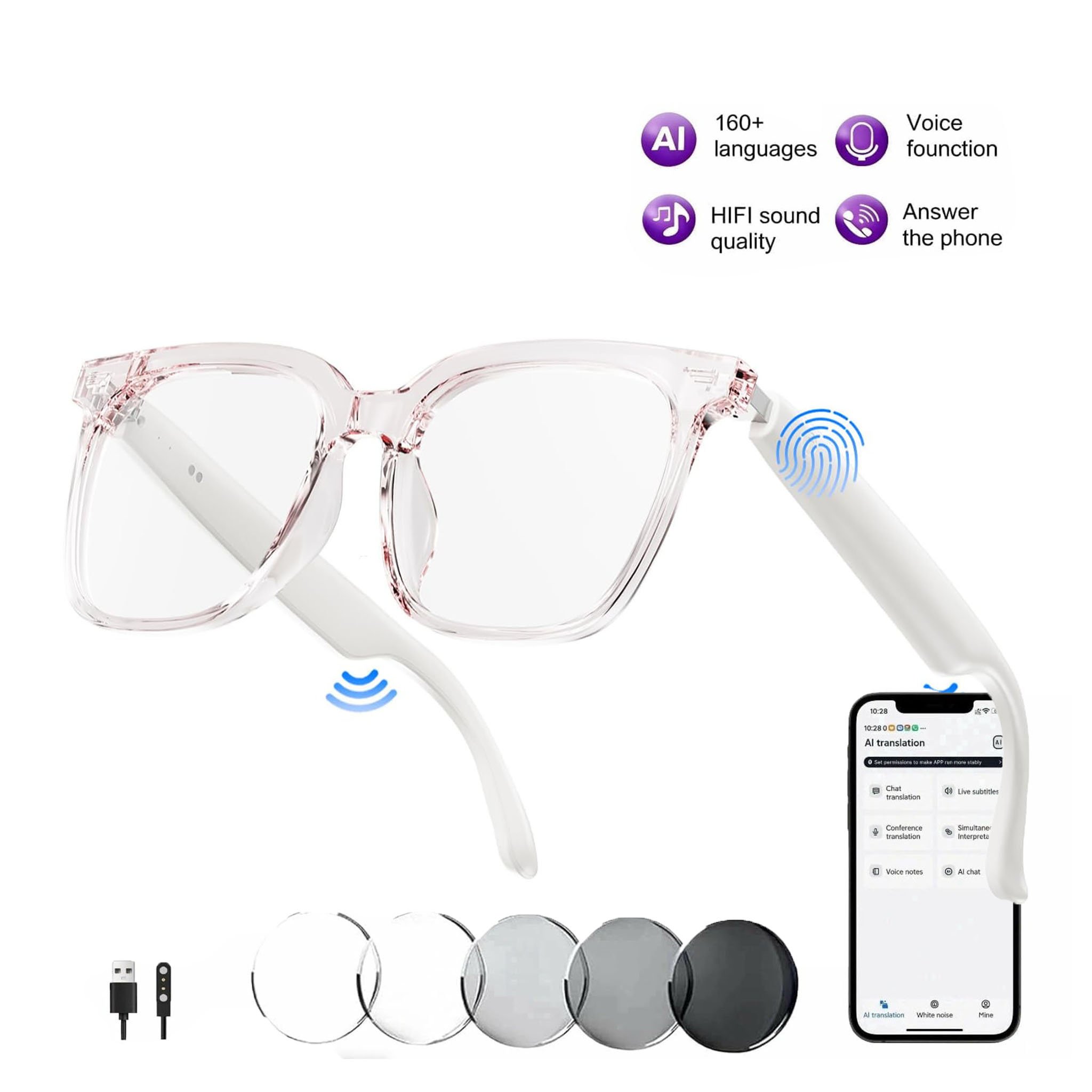 Smart Glasses Lens - نظارات ذكية وردية بتقنية البلوتوث متعددة